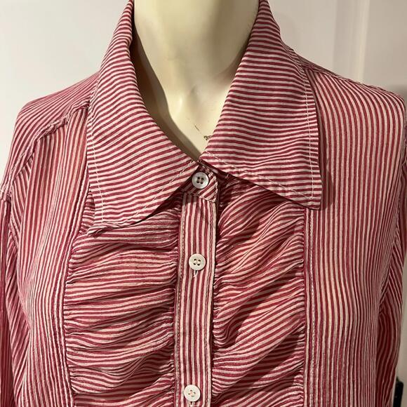 I.e. women’s silk blouse size 1X red and white striped button down shirt - Picture 2 of 7